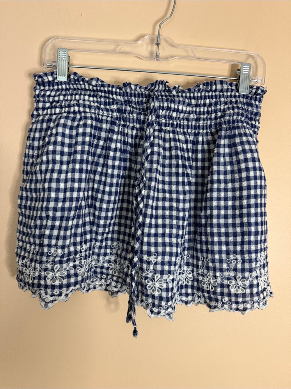 Blue Gingham Smocked Mini Skirt with Embroidered Hem